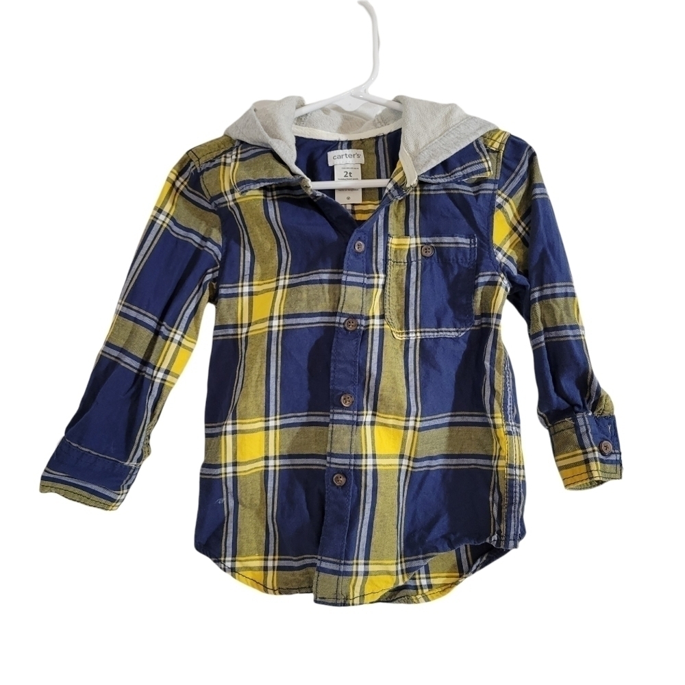 Carter's Blue & Yellow Plaid Flannel Hooded Button Down Shirt